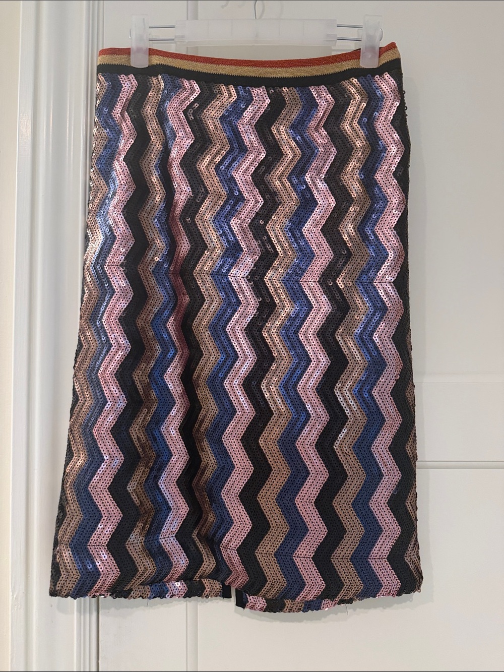 Chevron Sequin Midi Skirt in Pink, Blue & Black